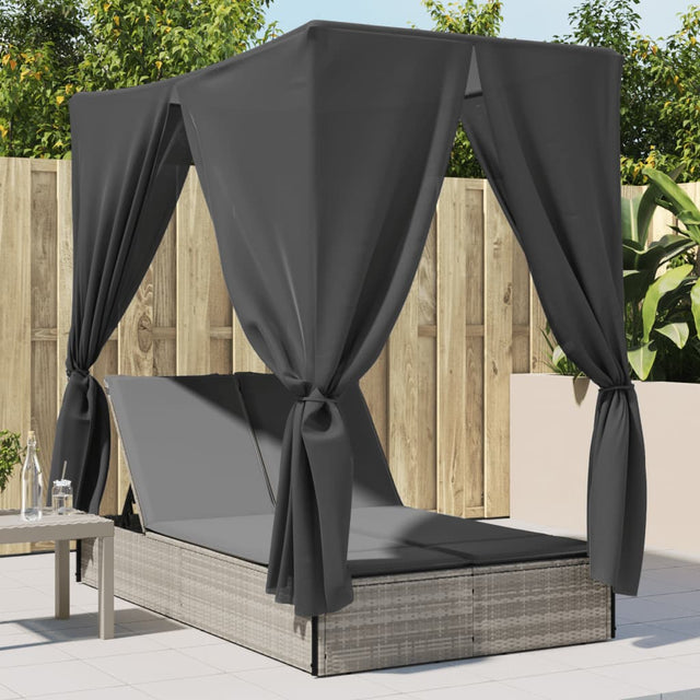 Vidaxl ligbed tweepersoons met dak en gordijn poly rattan lichtgrijs