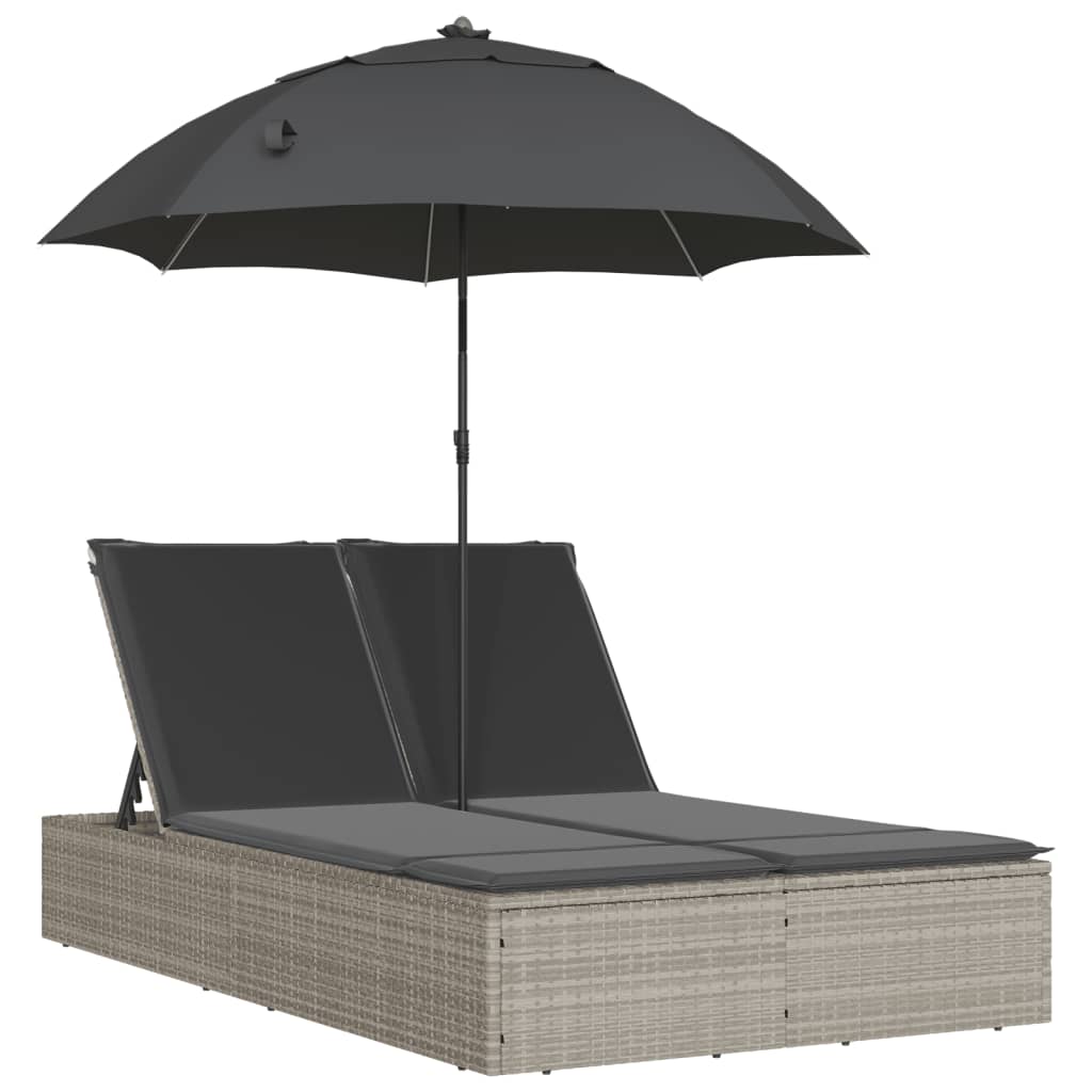 Vidaxl ligbed 2-persoons met kussens en parasol poly rattan lichtgrijs