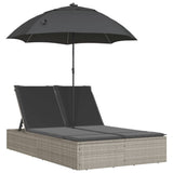 Vidaxl ligbed 2-persoons met kussens en parasol poly rattan lichtgrijs
