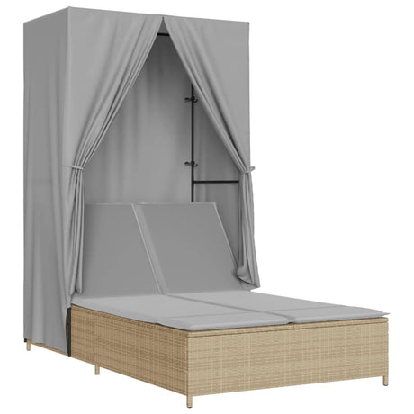 Vidaxl ligbed tweepersoons met dak en gordijn poly rattan beige