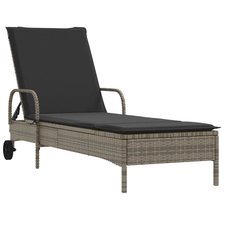 Vidaxl ligbed met wielen en kussen poly rattan grijs
