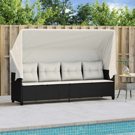 Vidaxl ligbed met luifel en kussens poly rattan zwart