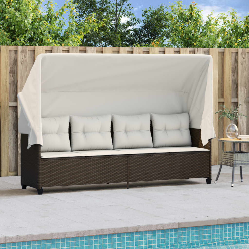 Vidaxl ligbed met luifel en kussens poly rattan bruin