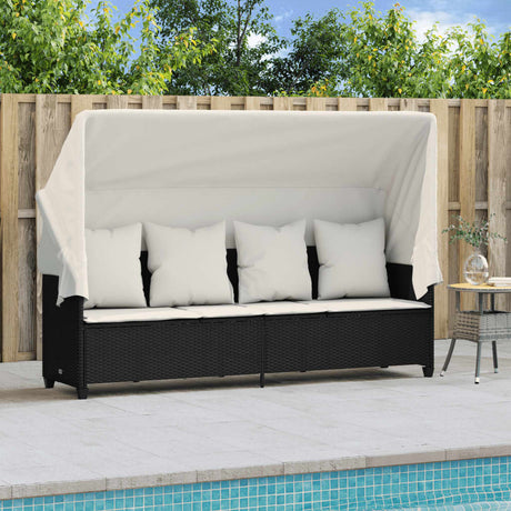 Vidaxl ligbed met luifel en kussens poly rattan zwart