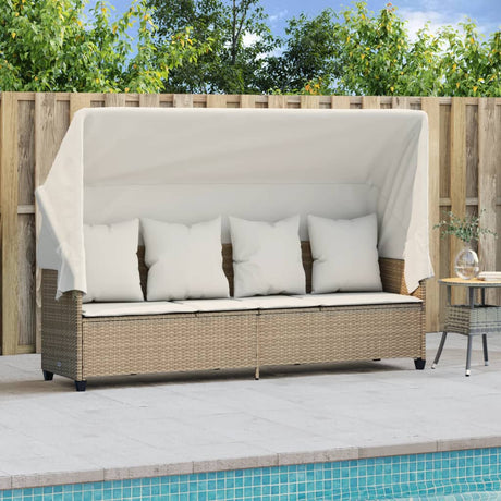 Vidaxl ligbed met luifel en kussen poly rattan beige