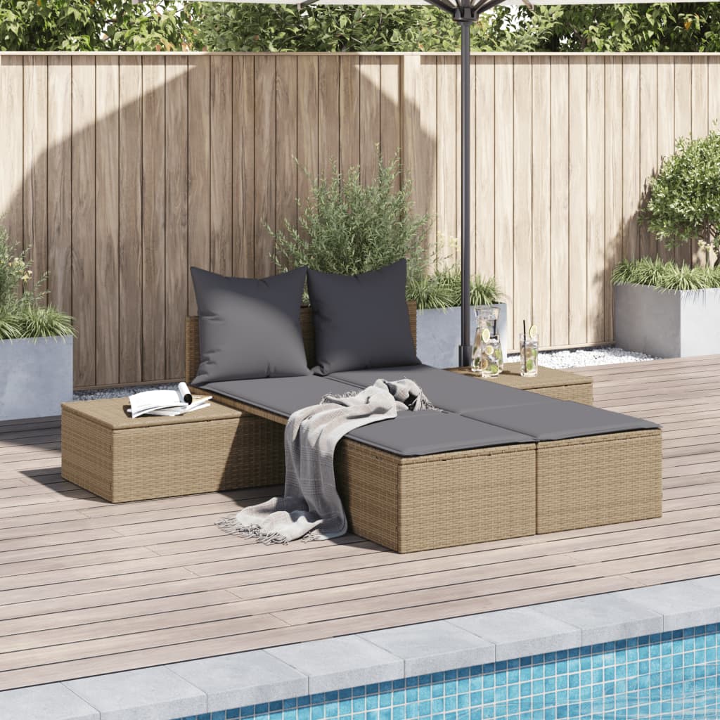 Vidaxl ligbed 2-persoons met kussens poly rattan beige