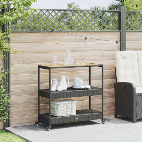 Vidaxl bartrolley 3-laags poly rattan en massief acaciahout zwart