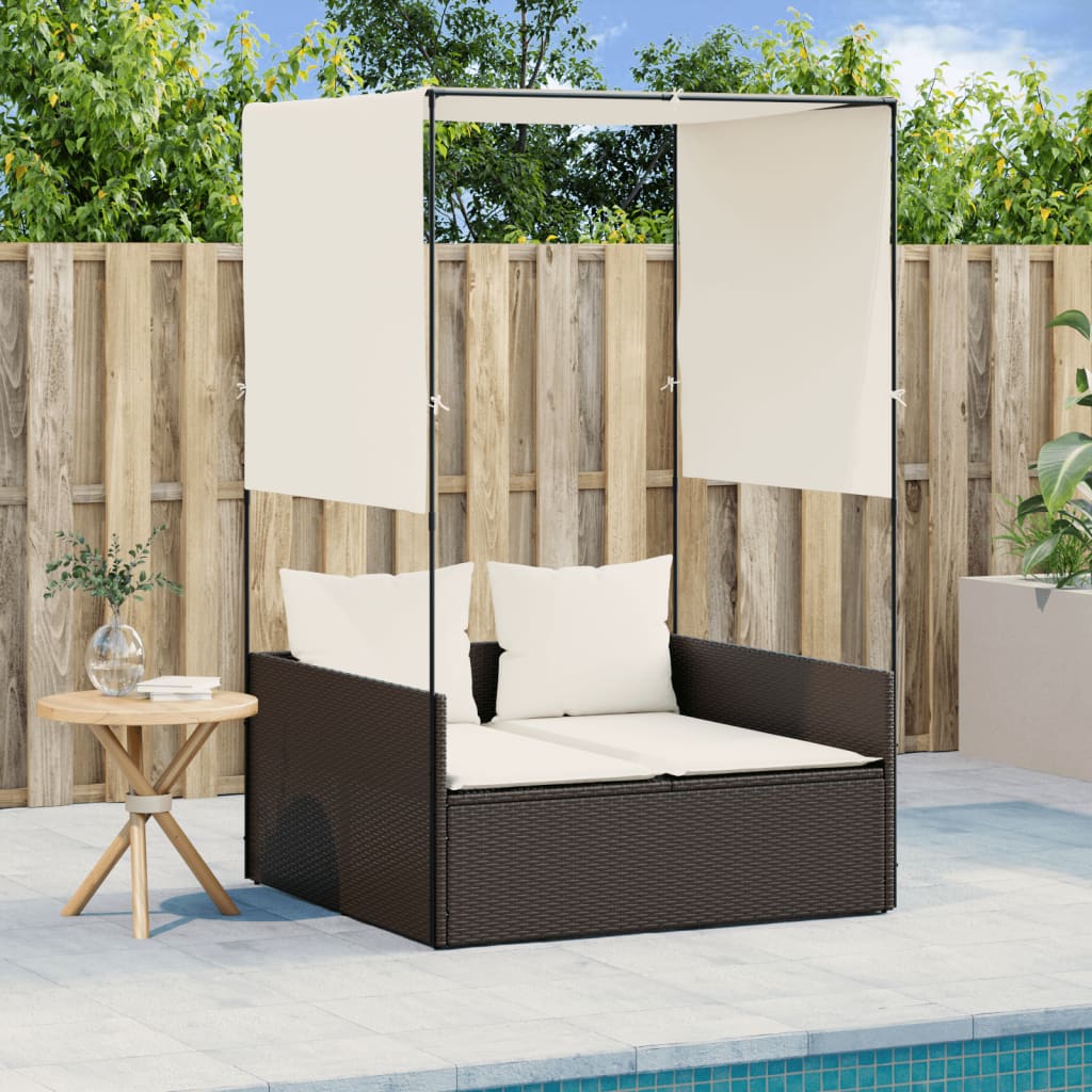 Vidaxl ligbed tweepersoons met dak en gordijn poly rattan bruin