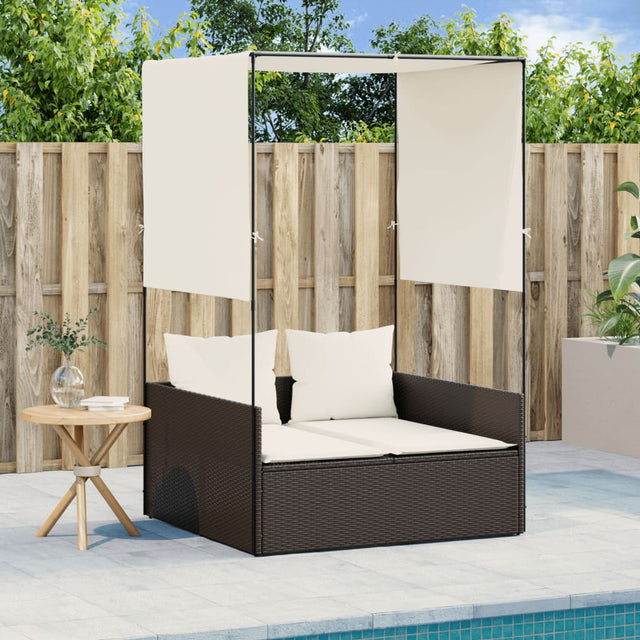 Vidaxl ligbed tweepersoons met dak en gordijn poly rattan bruin