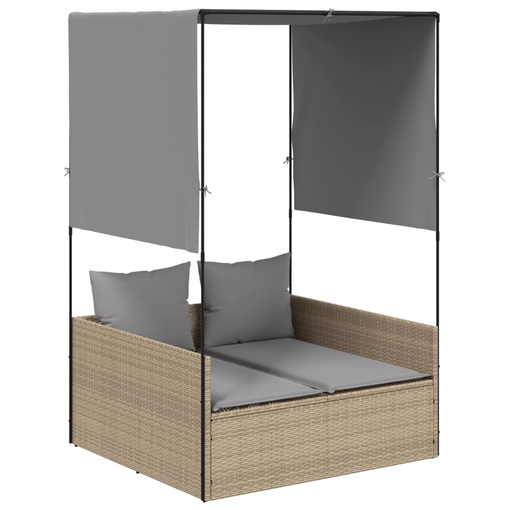Vidaxl ligbed tweepersoons met dak en gordijn poly rattan beige