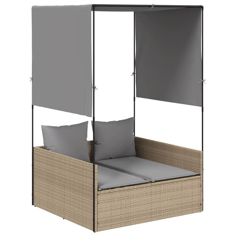 Vidaxl ligbed tweepersoons met dak en gordijn poly rattan beige