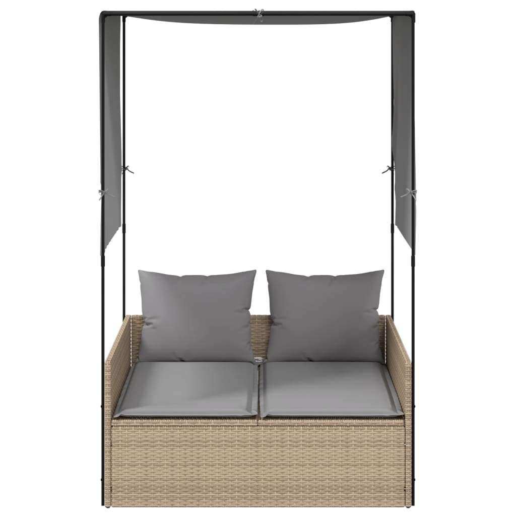 Vidaxl ligbed tweepersoons met dak en gordijn poly rattan beige