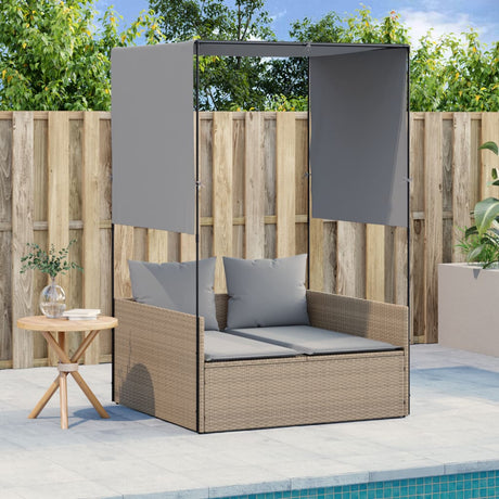 Vidaxl ligbed tweepersoons met dak en gordijn poly rattan beige
