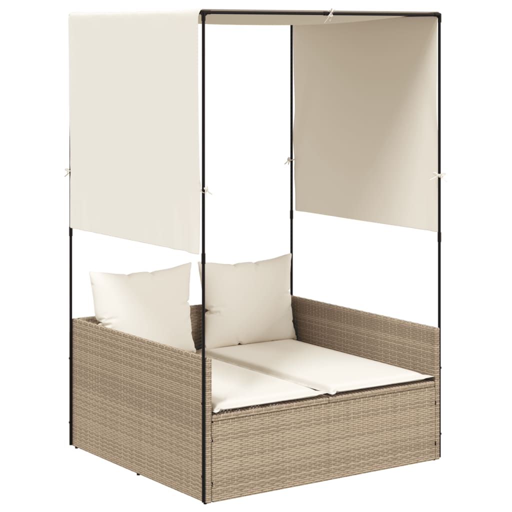 Vidaxl ligbed tweepersoons met dak en gordijn poly rattan beige