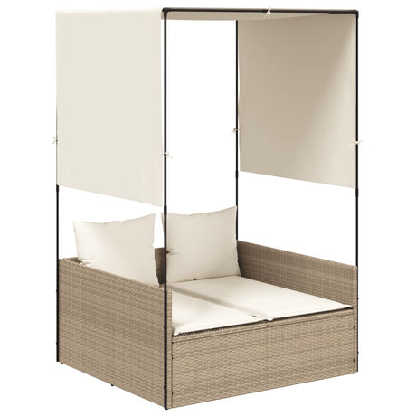 Vidaxl ligbed tweepersoons met dak en gordijn poly rattan beige