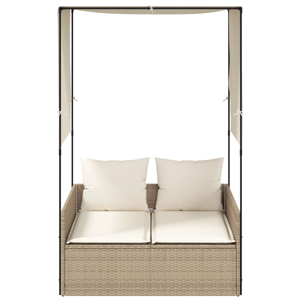 Vidaxl ligbed tweepersoons met dak en gordijn poly rattan beige