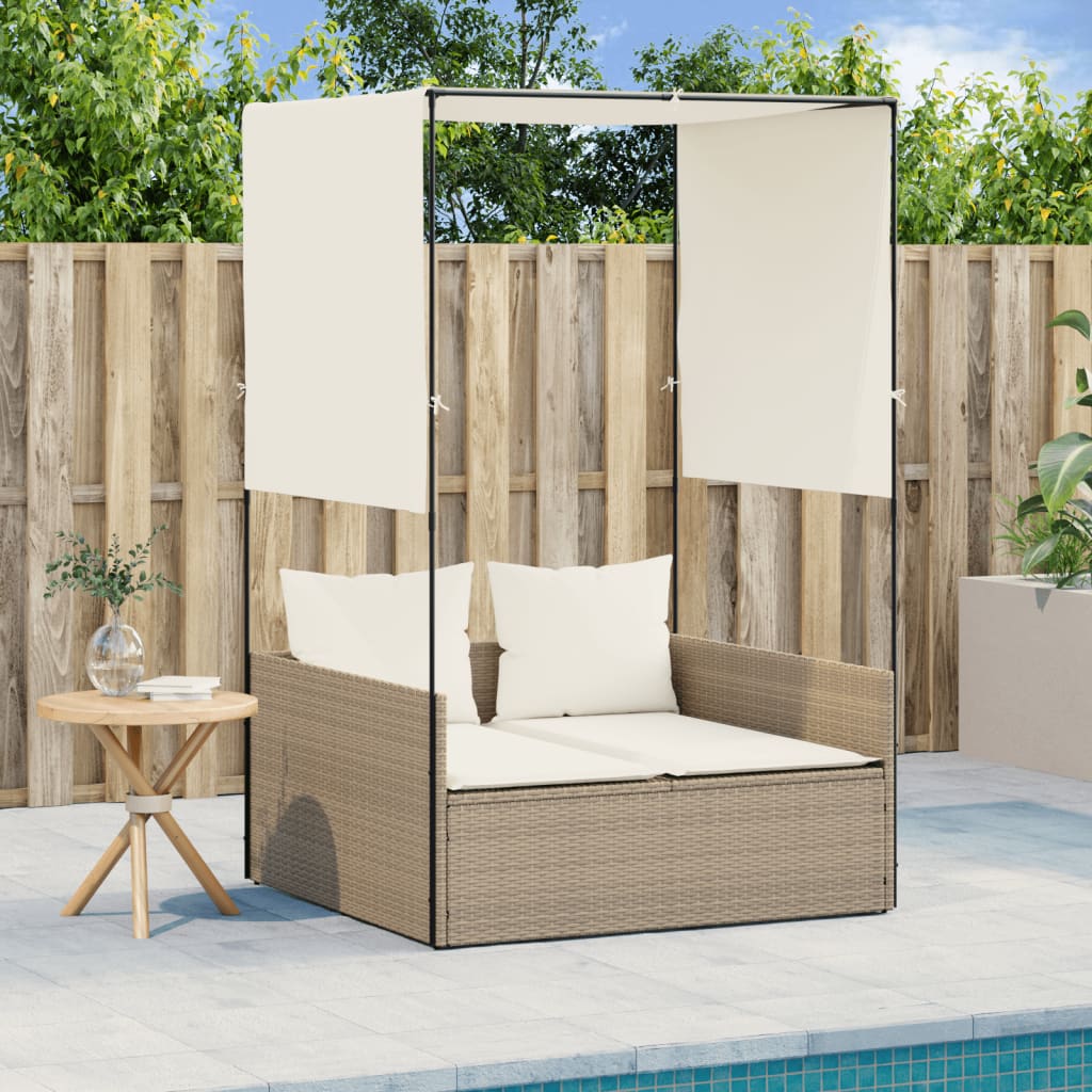 Vidaxl ligbed tweepersoons met dak en gordijn poly rattan beige