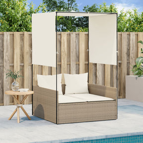 Vidaxl ligbed tweepersoons met dak en gordijn poly rattan beige