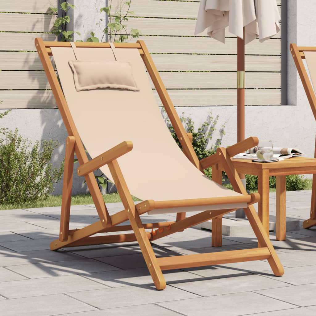 Vidaxl opklapbare stoel, beige, massief eucalyptushout en stof.