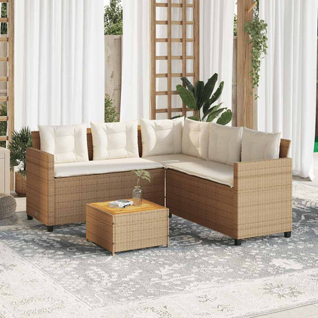 Vidaxl tuinbank met tafel en kussens l-vormig poly rattan beige