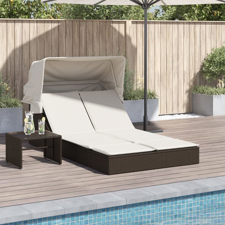 Vidaxl ligbed 2-persoons met luifel en kussens poly rattan bruin