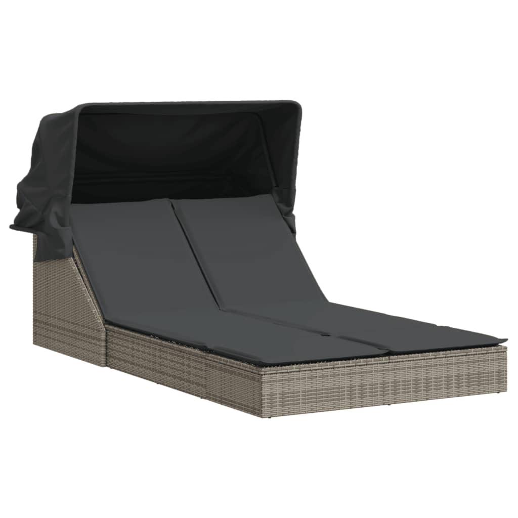 Vidaxl ligbed 2-persoons met luifel en kussens poly rattan grijs