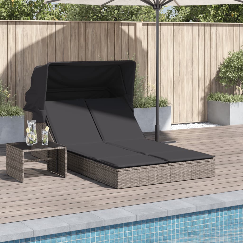 Vidaxl ligbed 2-persoons met luifel en kussens poly rattan grijs