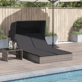 Vidaxl ligbed 2-persoons met luifel en kussens poly rattan grijs