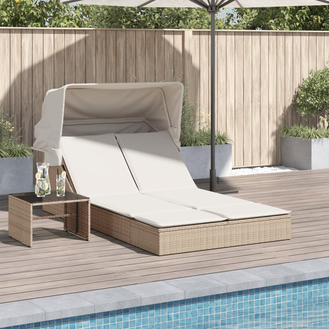 Vidaxl ligbed 2-persoons met luifel en kussens poly rattan beige
