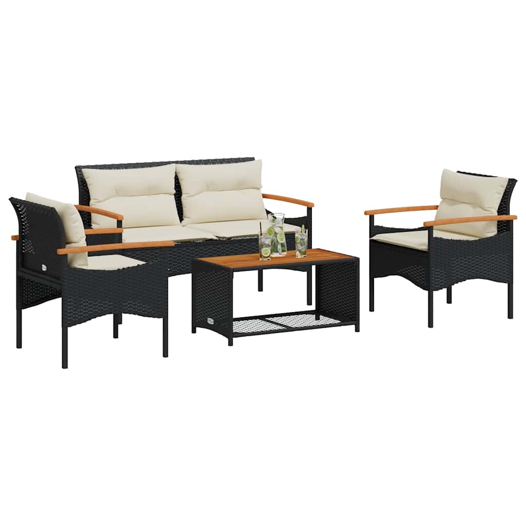 Vidaxl 4-delige loungeset met kussens poly rattan zwart