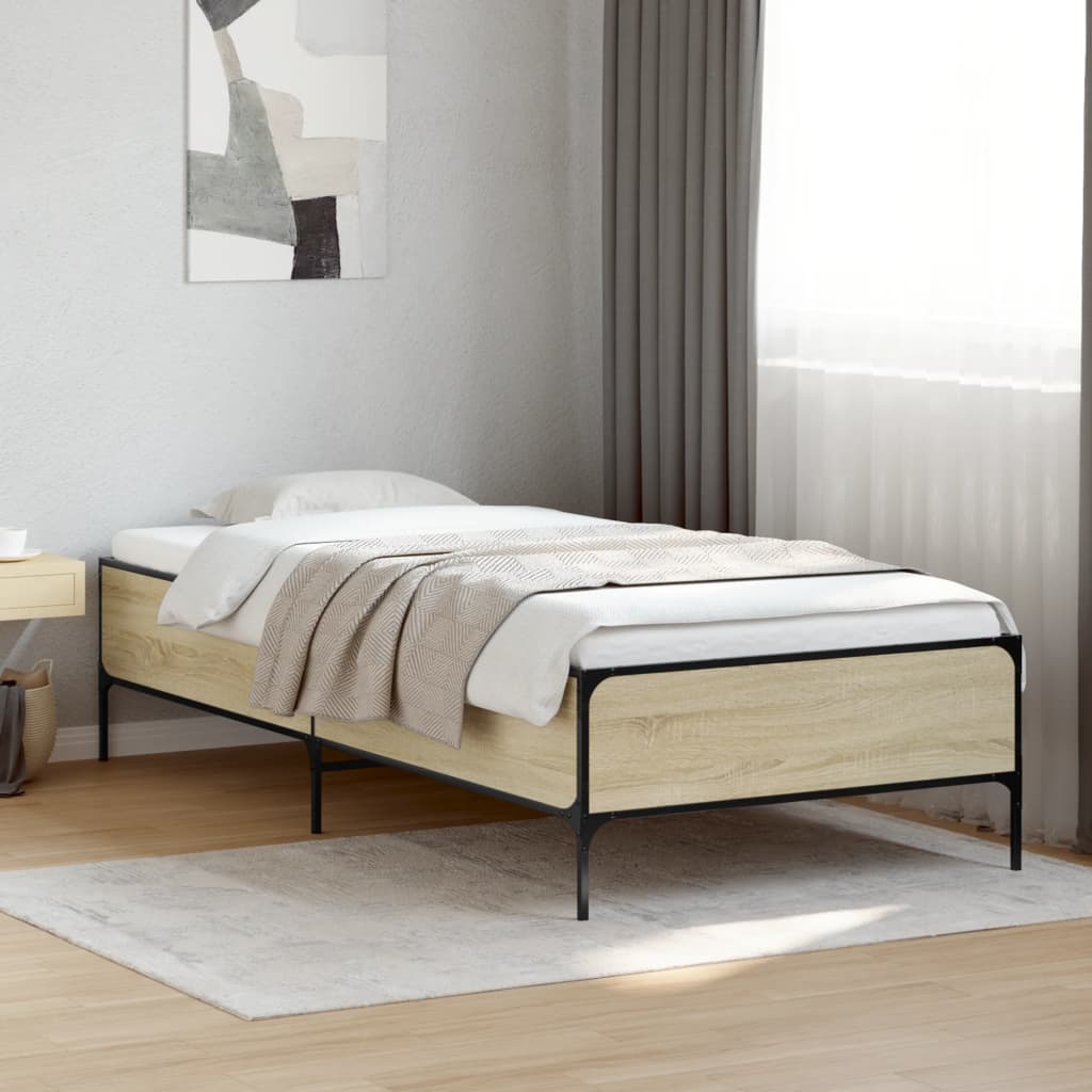 Vidaxl bedframe bewerkt hout en metaal sonoma eikenkleurig 90x190 cm