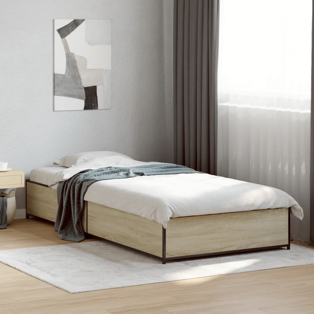 Vidaxl bedframe bewerkt hout en metaal sonoma eikenkleurig 75x190 cm