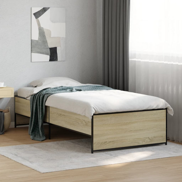Vidaxl bedframe bewerkt hout en metaal sonoma eikenkleurig 75x190 cm