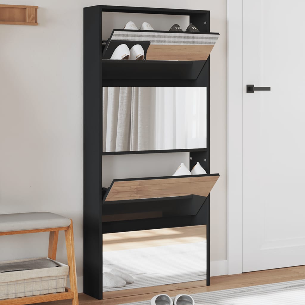 VidaXL Schuhschrank mit Spiegel 4-stöckig 63x17x134 cm schwarz
