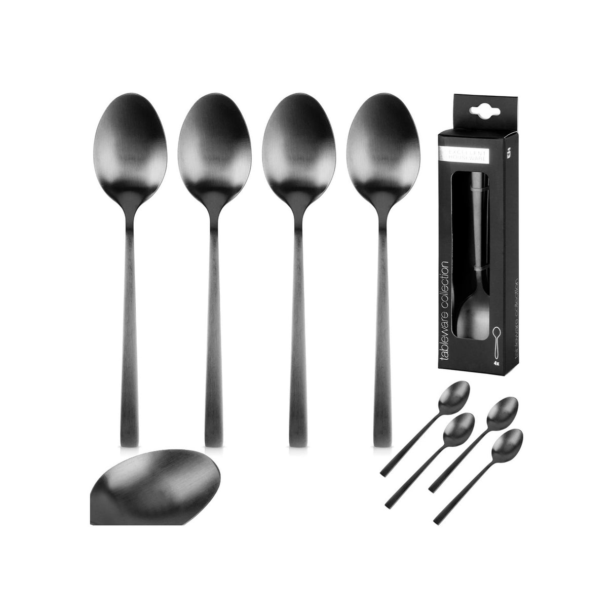 Excellent Houseware Teelöffel aus Edelstahl, 15 cm, 4er-Set, schwarz