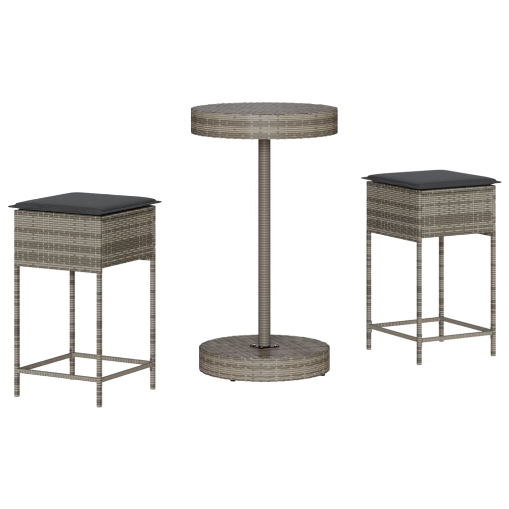 Vidaxl 3-delige tuinbarset met kussens poly rattan grijs
