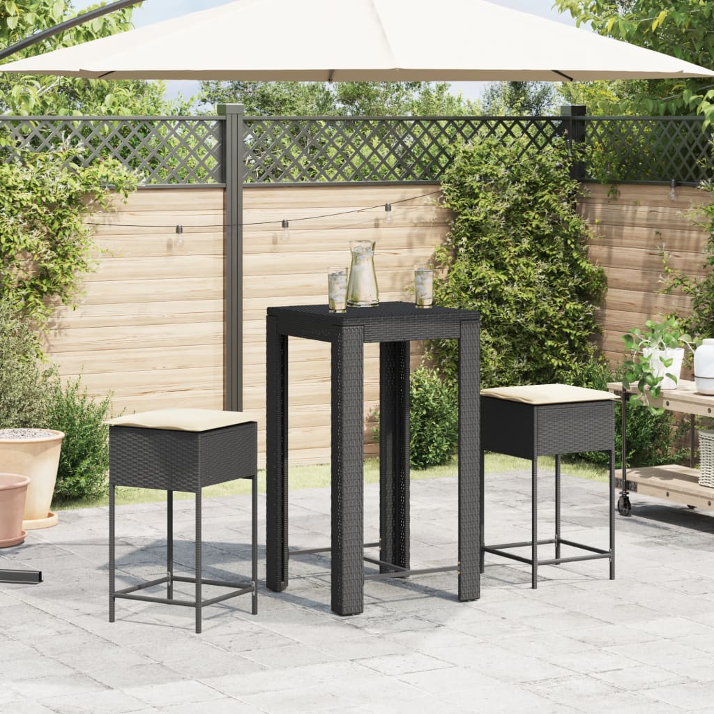 Vidaxl 3-delige tuinbarset met kussens poly rattan zwart