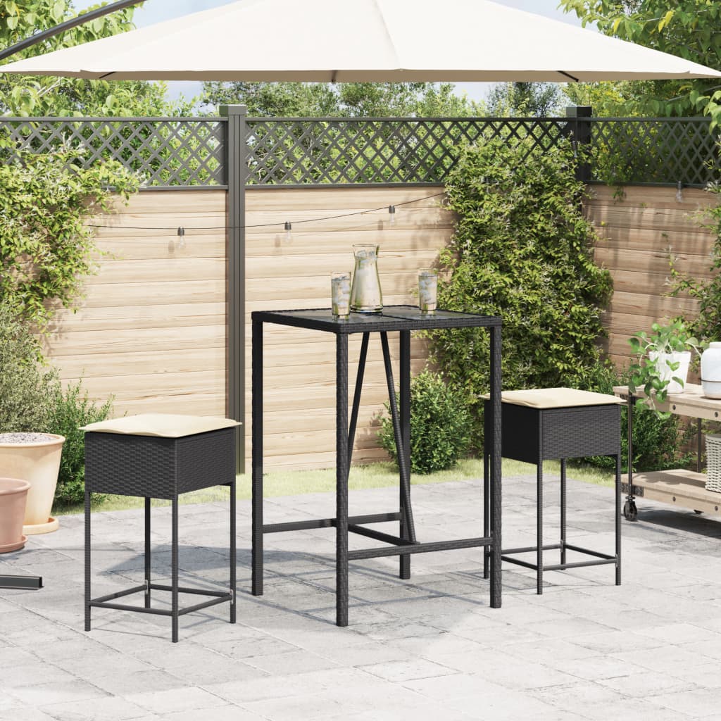 Vidaxl 3-delige tuinbarset met kussens poly rattan zwart