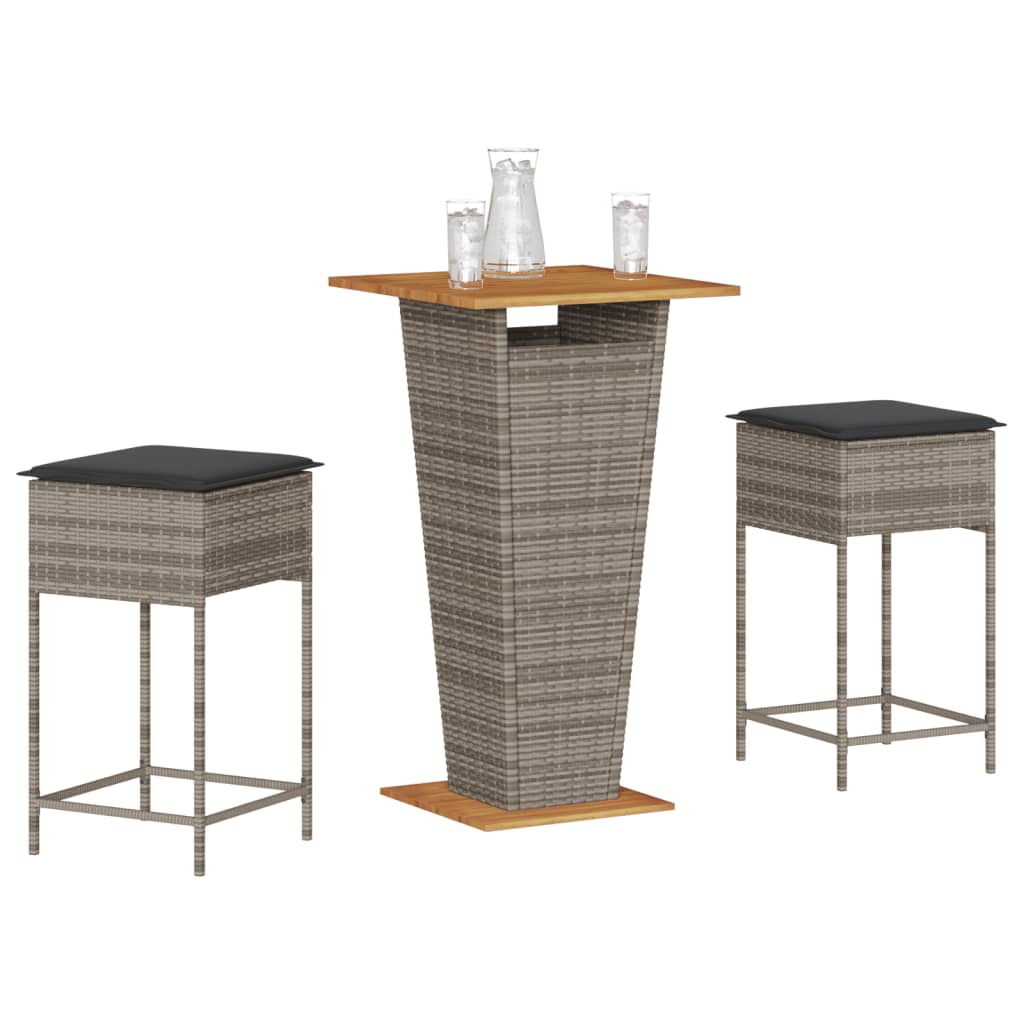 Vidaxl 3-delige tuinbarset met kussens poly rattan grijs