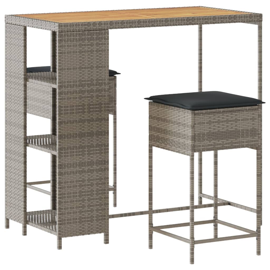 Vidaxl 3-delige tuinbarset met kussens poly rattan grijs