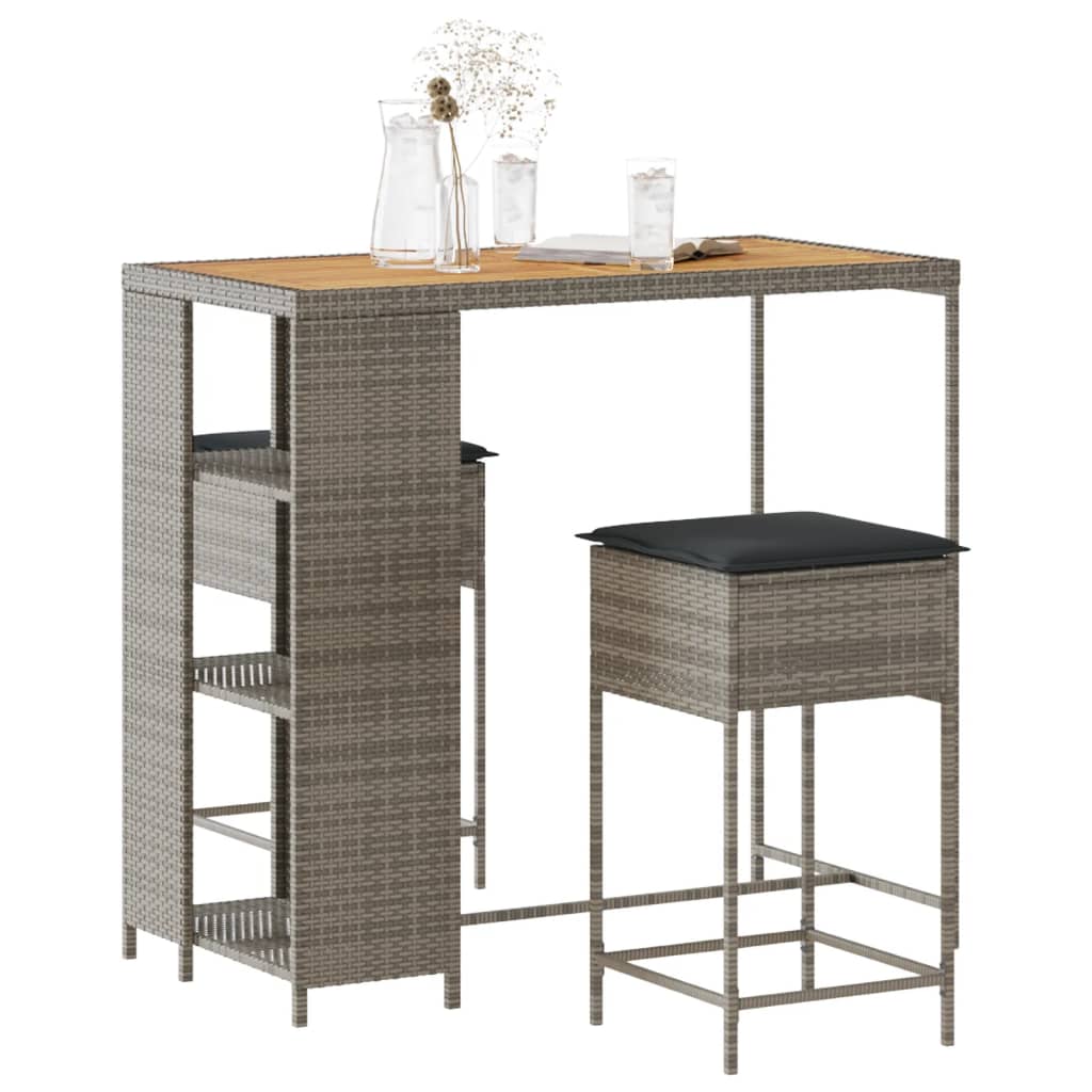 Vidaxl 3-delige tuinbarset met kussens poly rattan grijs