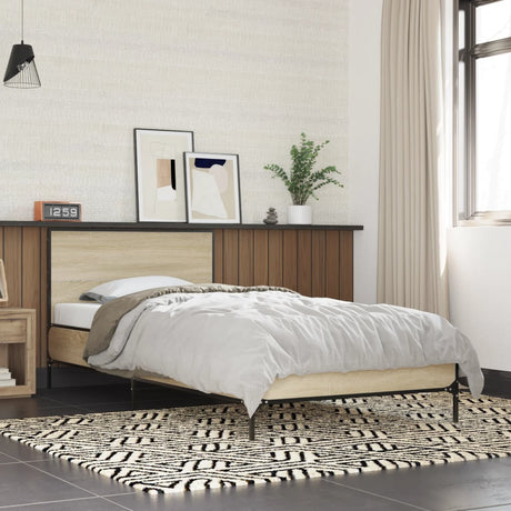 Vidaxl bedframe bewerkt hout en metaal sonoma eikenkleurig 90x200 cm