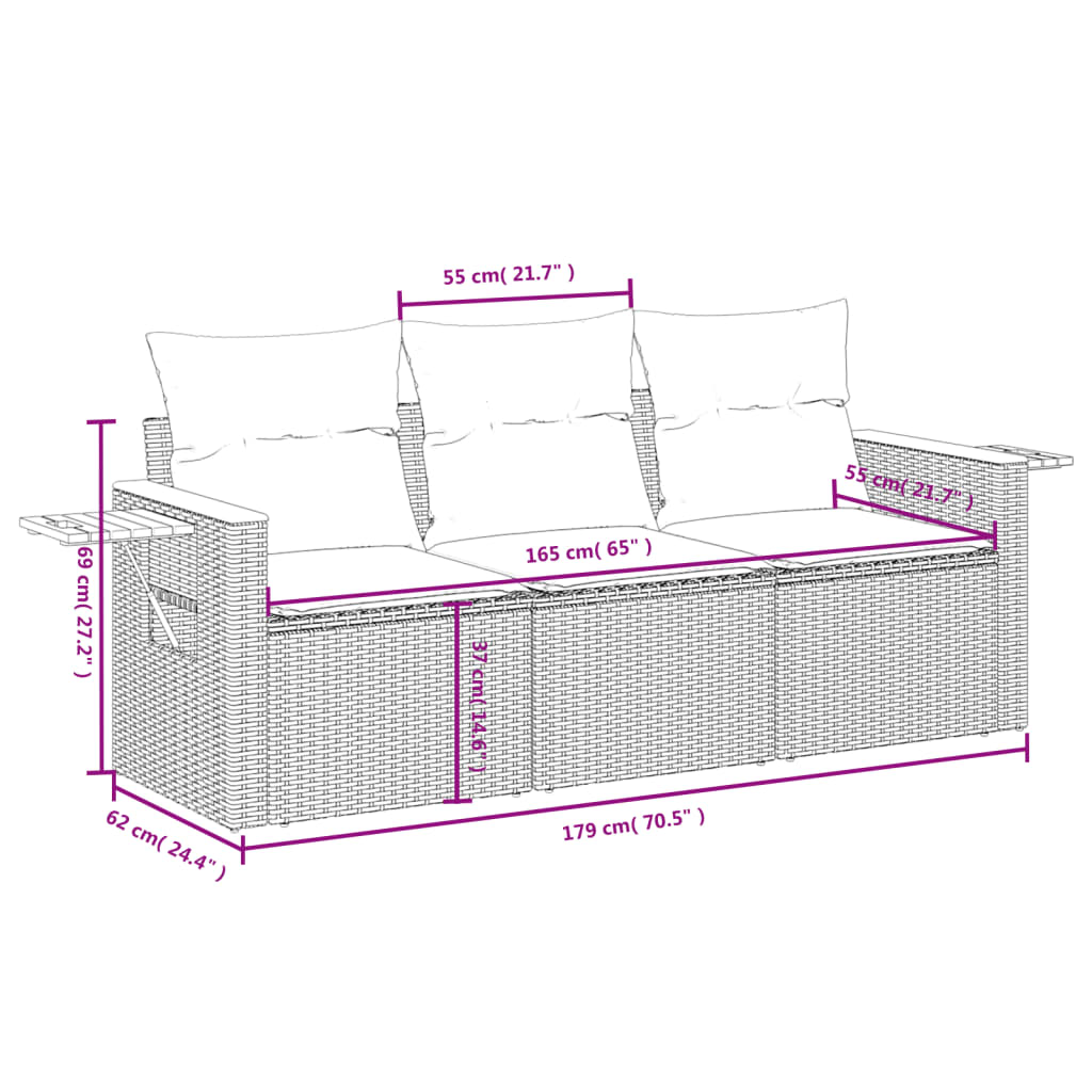 Vidaxl 3-delige loungeset met kussens poly rattan beige