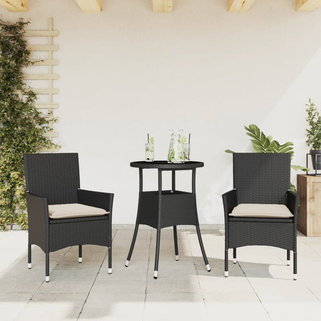 Vidaxl 3-delige tuinset met kussens poly rattan en glas zwart