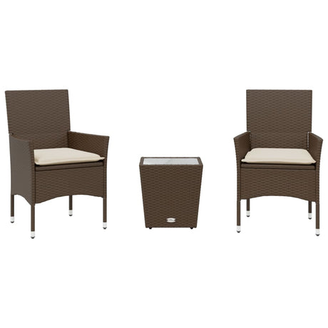 Vidaxl 3-delige bistroset met kussens poly rattan en glas bruin