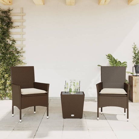 Vidaxl 3-delige bistroset met kussens poly rattan en glas bruin