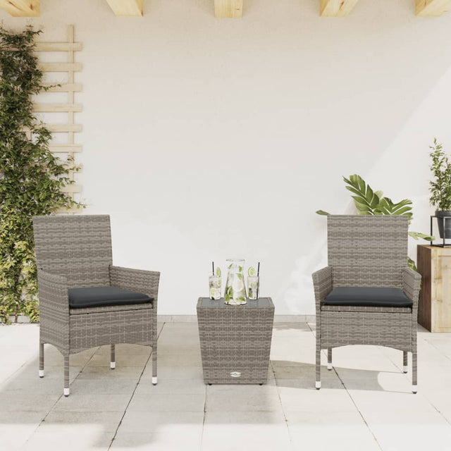 Vidaxl 3-delige bistroset met kussens poly rattan en glas grijs