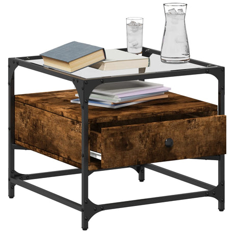 Vidaxl salontafel met glazen blad 50x50x45 cm gerookt eiken staal