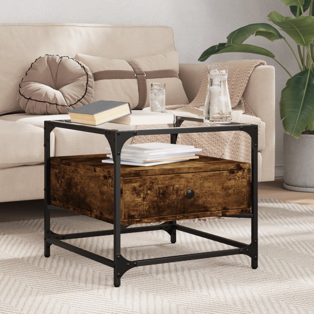 Vidaxl salontafel met glazen blad 50x50x45 cm gerookt eiken staal