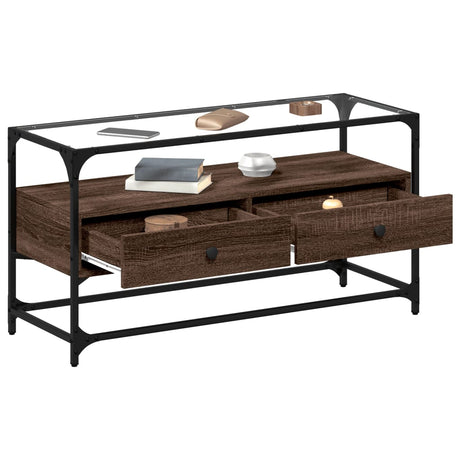 Vidaxl tv-meubel met glazen blad 98x35x51 cm hout bruin eikenkleurig